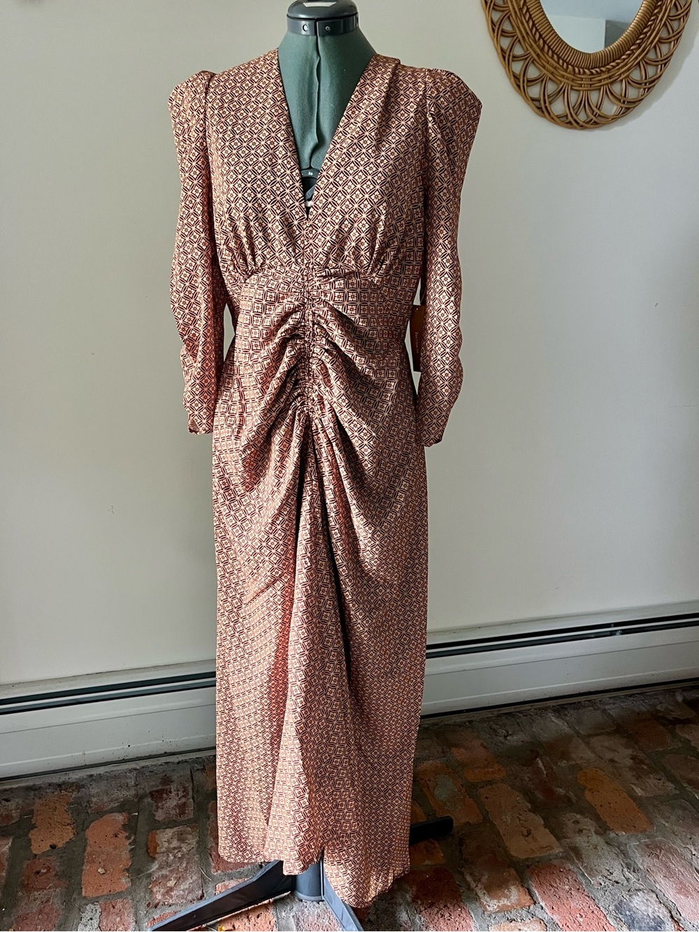 o.p.t. Brown Floral Ruched Maxi Dress Asymmetrical Hem NWT L